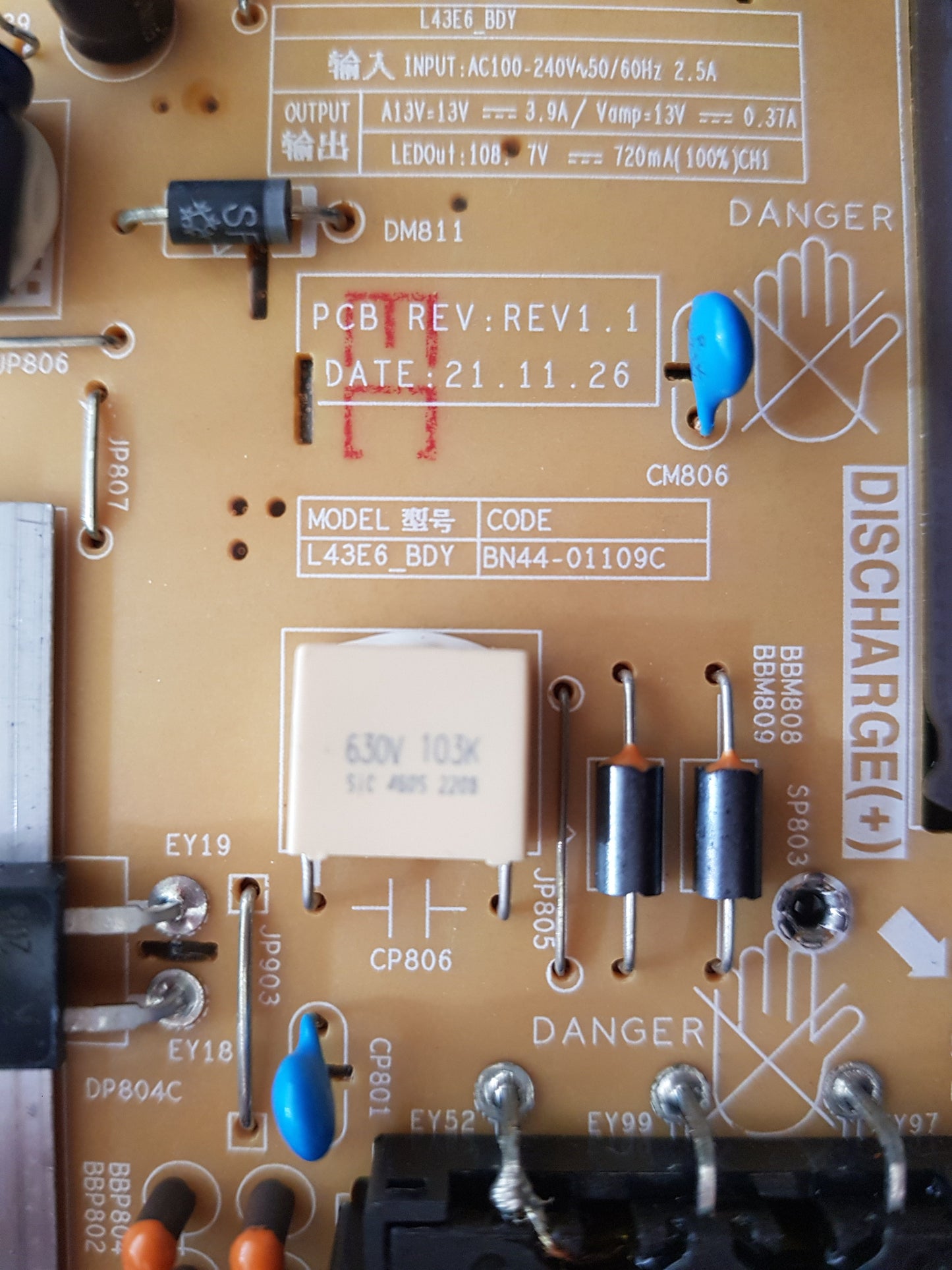 SAMSUNG UA43BU8000 POWER SUPPLY BOARD BN44-01109C L43E6_BDY