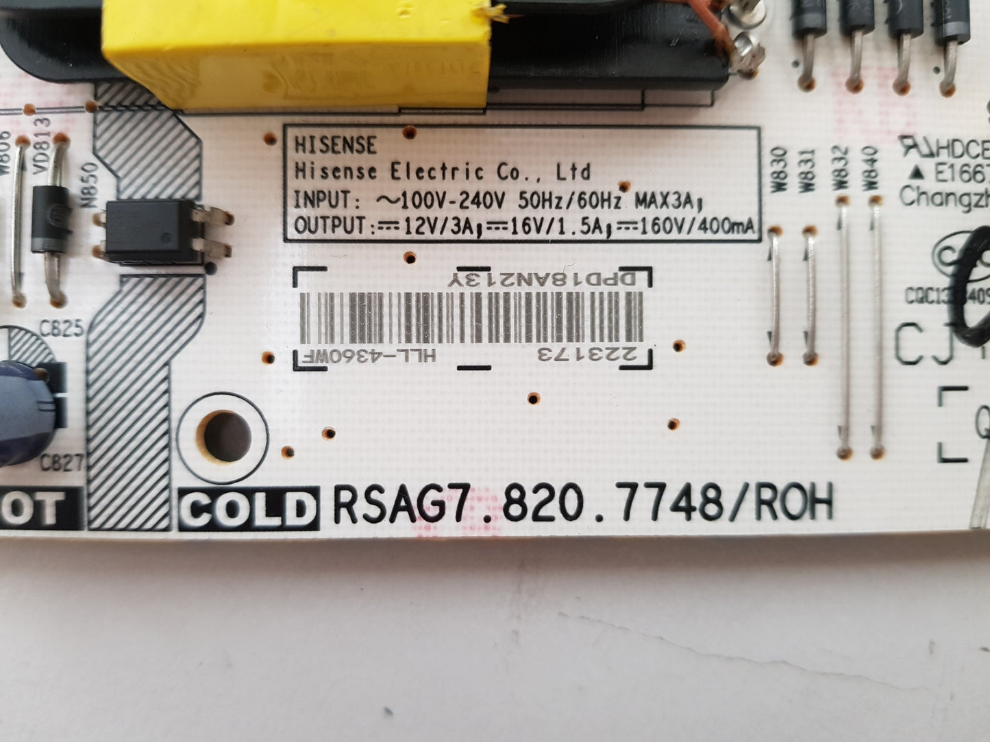 HISENSE 58R6 POWER SUPPLY BOARD RSAG7.820.7748 HLL-4360WF 223173