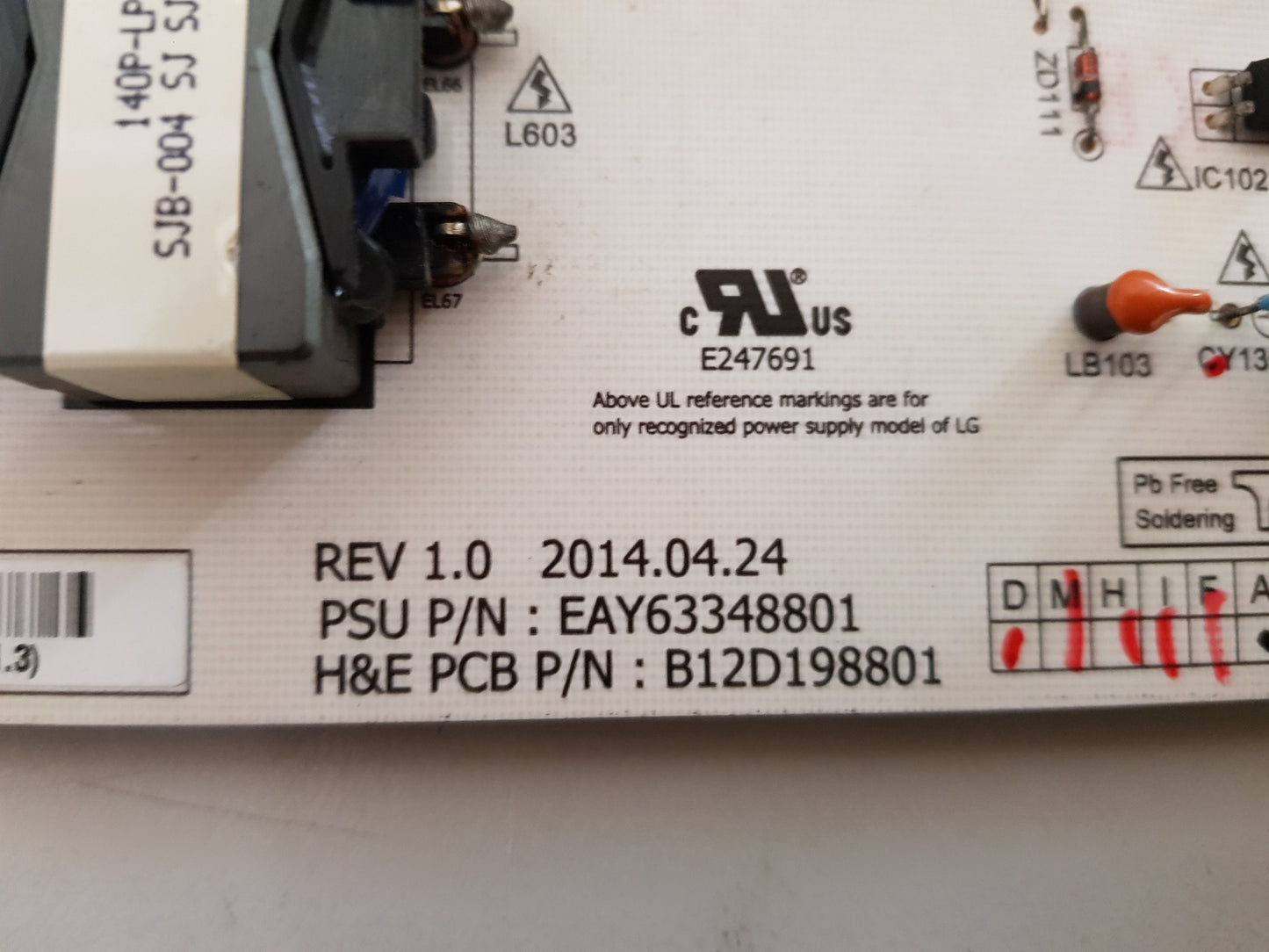 LG 55EC930T POWER SUPPLY BOARD EAY63348801 LGP55F-14OP