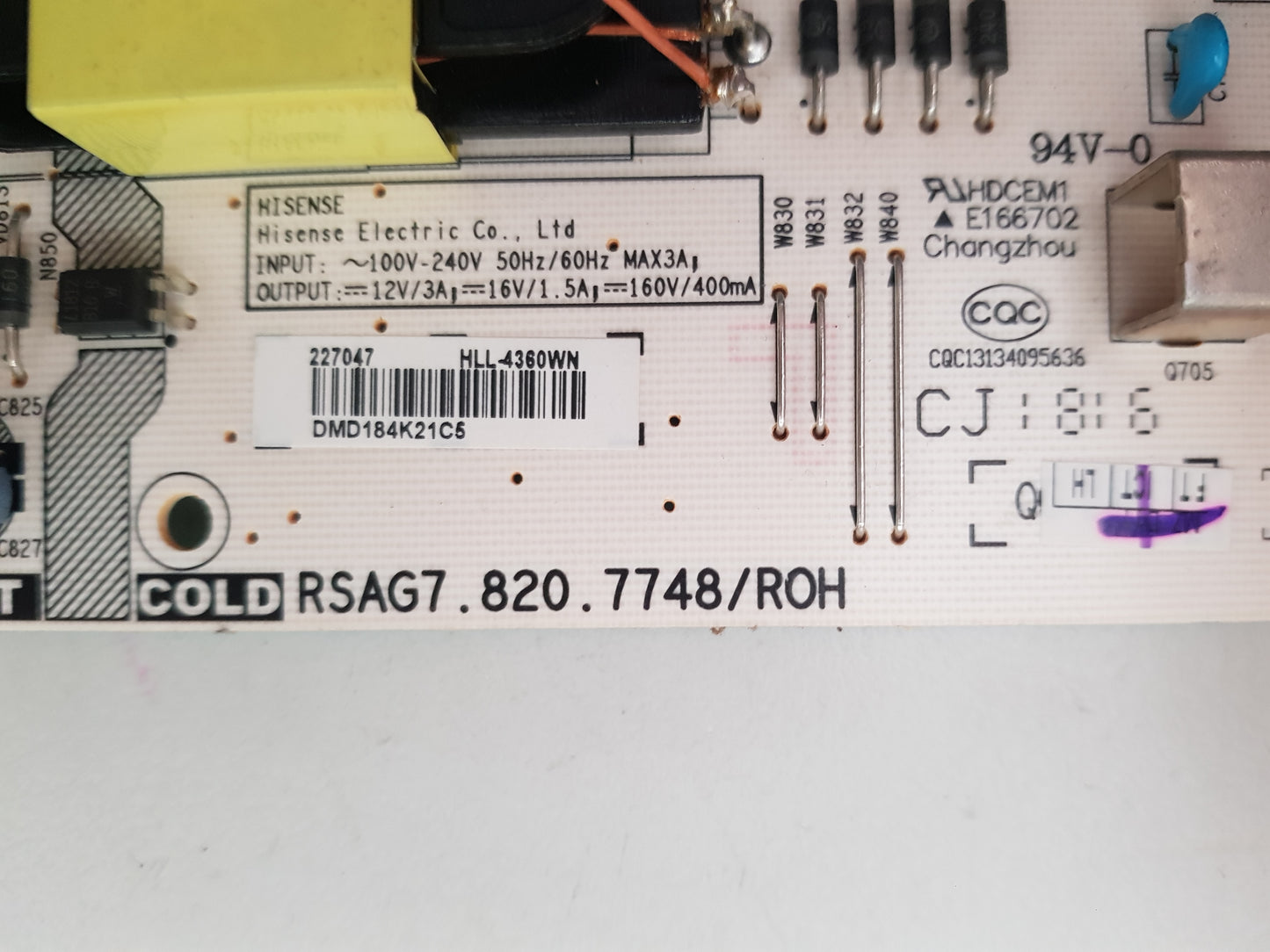 HISENSE 58P5 POWER SUPPLY BOARD RSAG7.820.7748 HLL-4360WN 227047