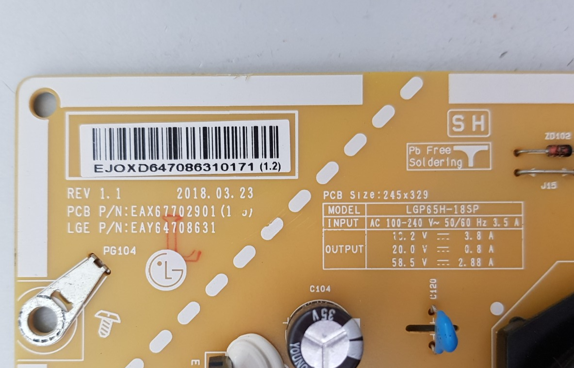 GENUINE LG 65SM9450 POWER SUPPLY BOARD EAY64708631 LGP65H-18SP EAX67702901 1.9