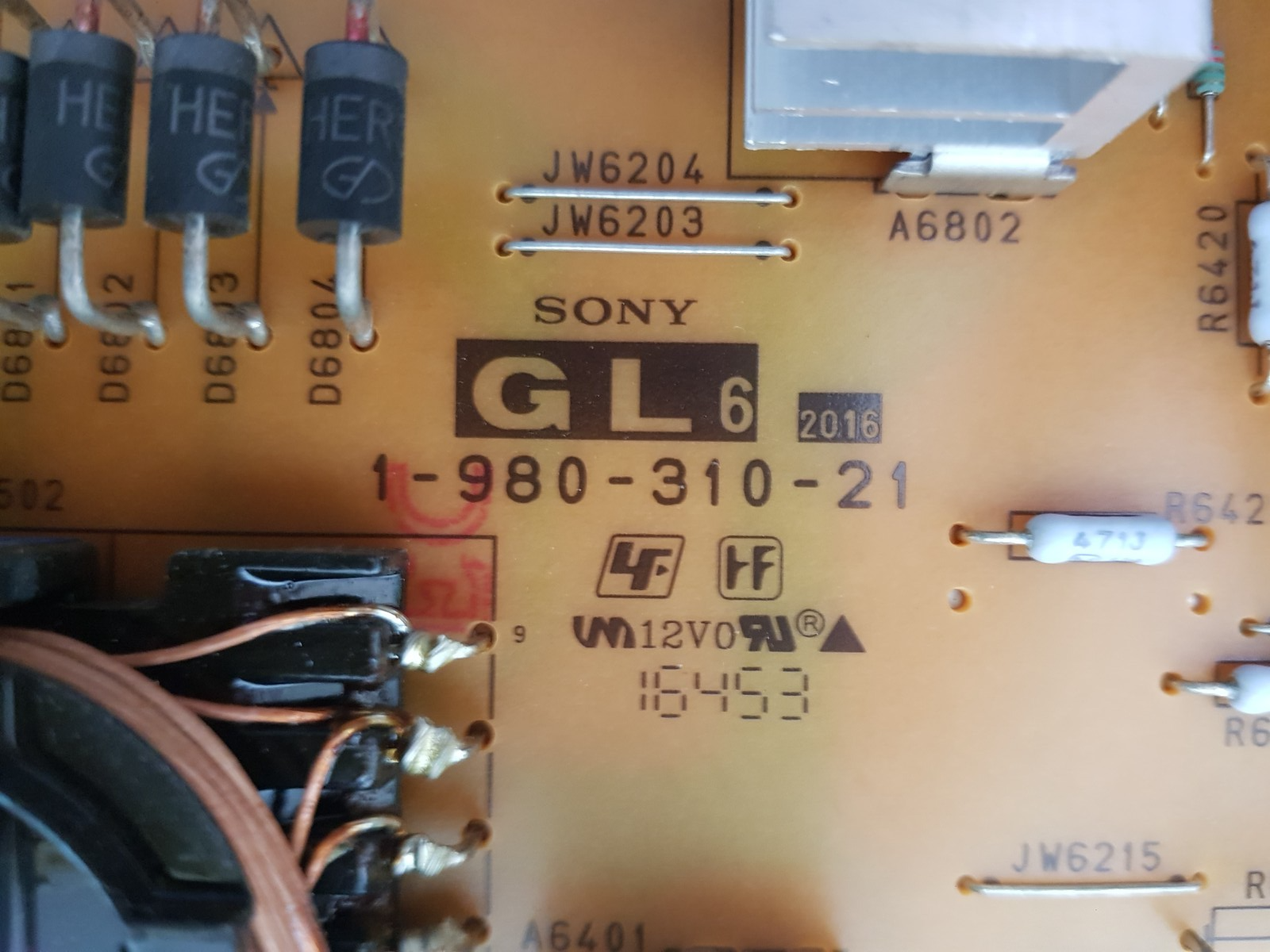 GENUINE SONY KD- 55X7000D POWER SUPPLY BOARD GL6 1-980-310-21 APS-395/B 14763321