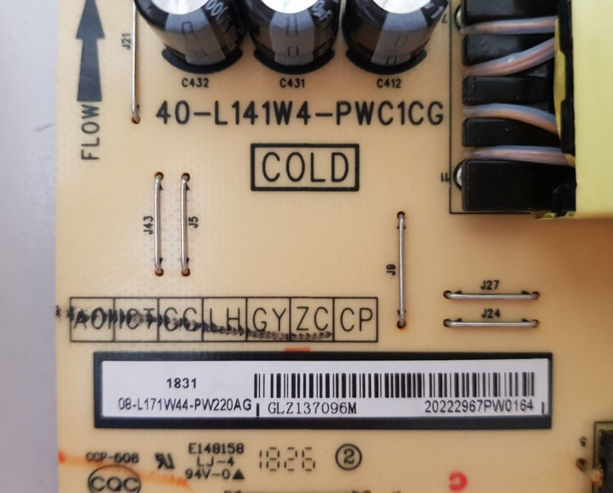 GENUINE TCL 55C6US POWER SUPPLY BOARD 40-L141W4-PWC1CG 08-L171W44-PW220AG