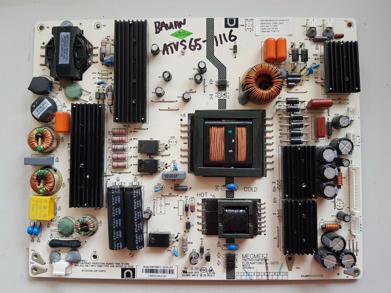 GENUINE BAUHN ATVS65-1116 POWER SUPPLY BOARD AMP5865TL-GD70-JXT PCB:AMP5865TL-GD