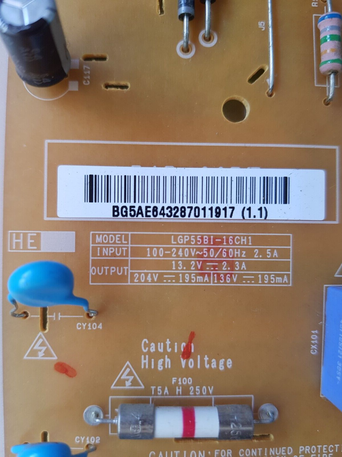 GENUINE LG 55LH5750 POWER SUPPLY BOARD EAY64328701 EAX66832401 1.3 LGP55B1-16CH1