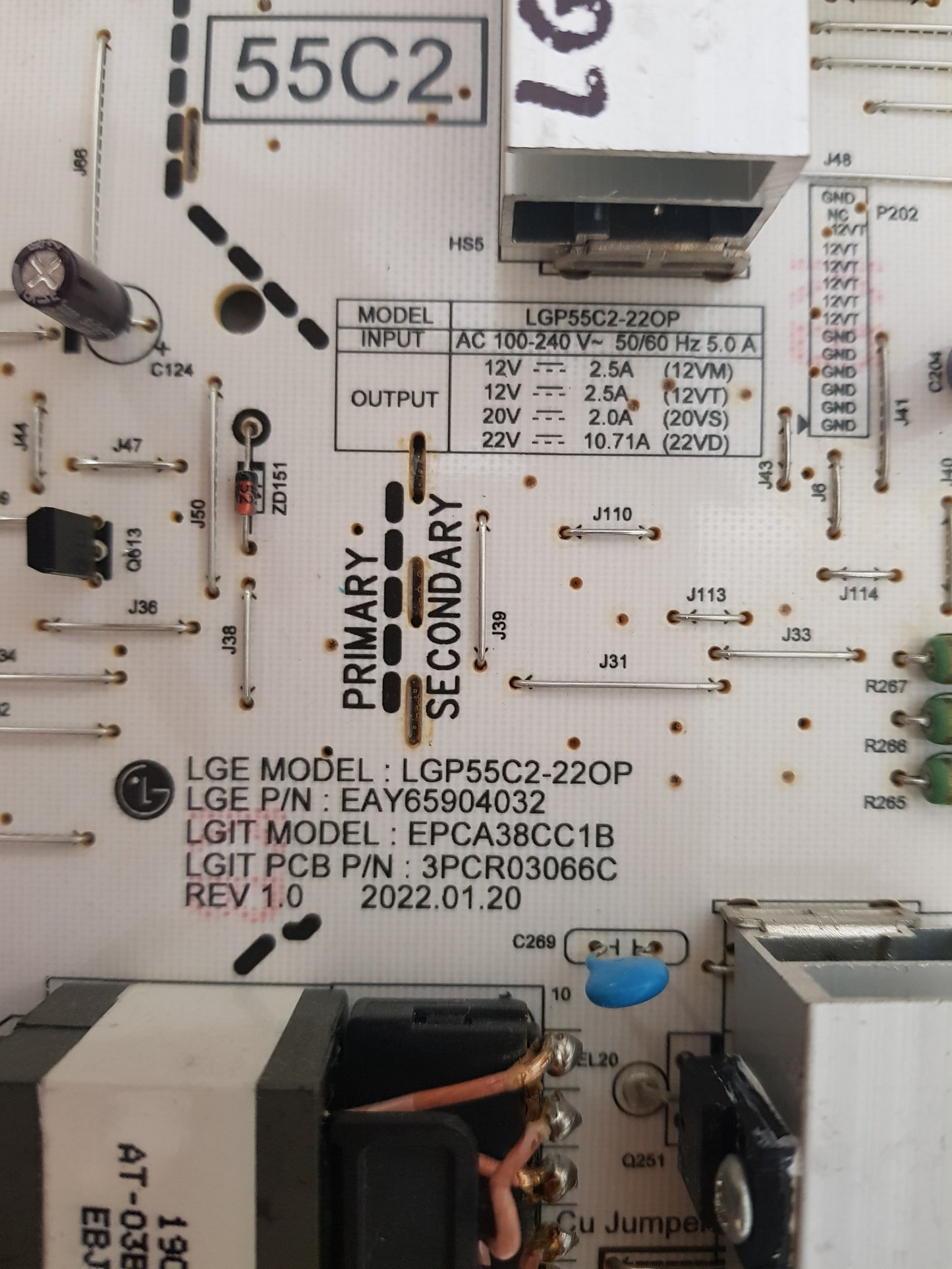 LG OLED 55C2PSC POWER SUPPLY BOARD EAY65904032 LGP55C2-22OP EPCA38CC1B 3PCP03066C