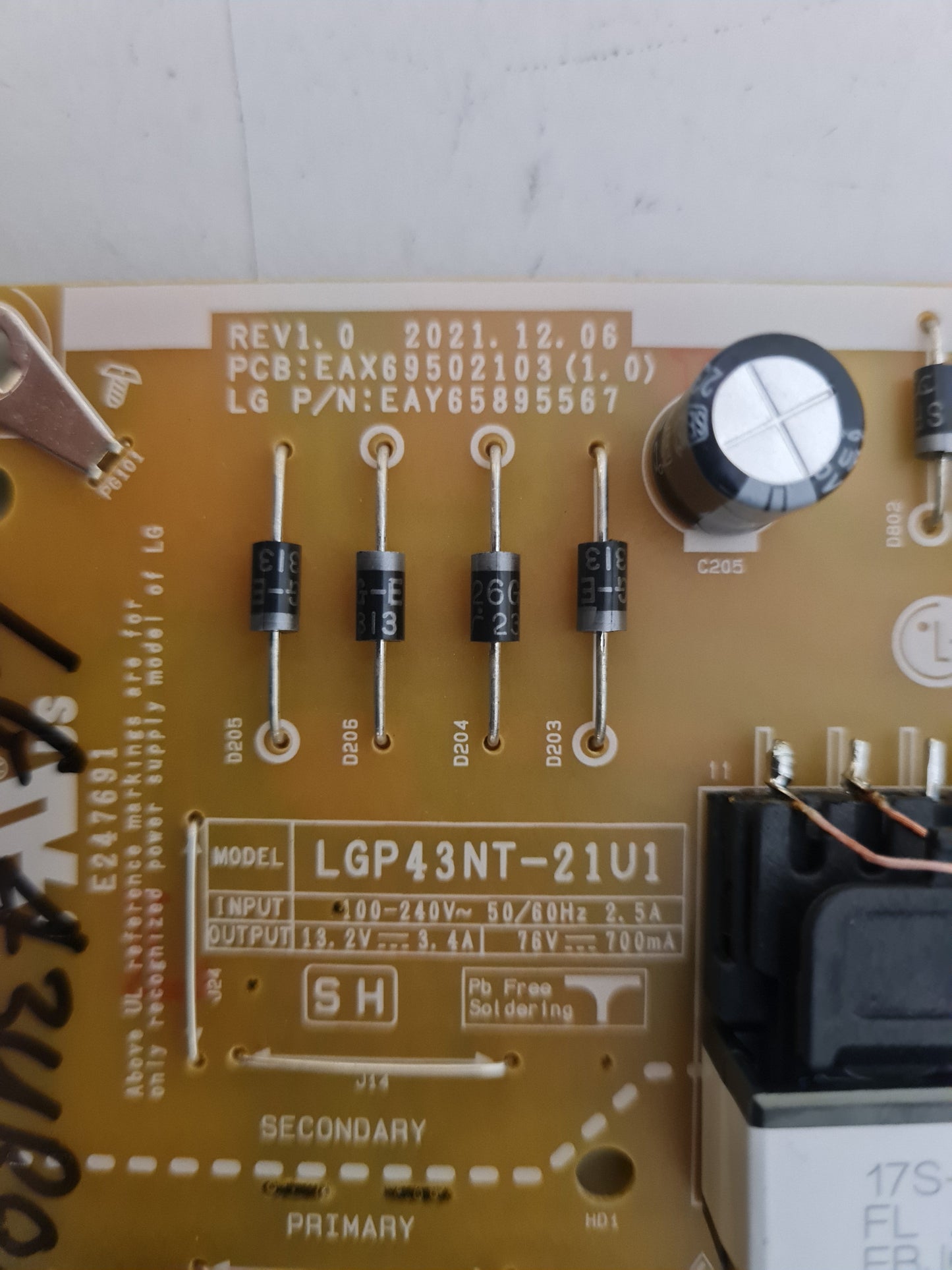 LG 43UR8050PSB POWER SUPPLY BOARD EAX69502103 1.0 LGP43NT-21U1 EPCD10CB1C 3PCR03132A