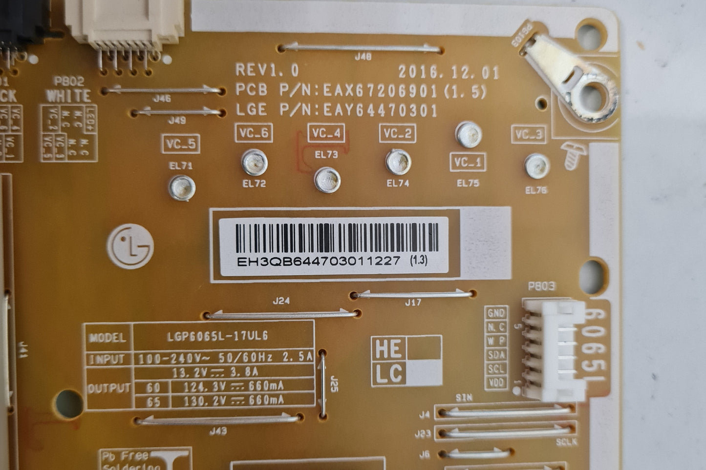 LG 65UJ654T POWER SUPPLY BOARD EAY64470301 EAX67206901 1.5 LGP6065L-17UL6