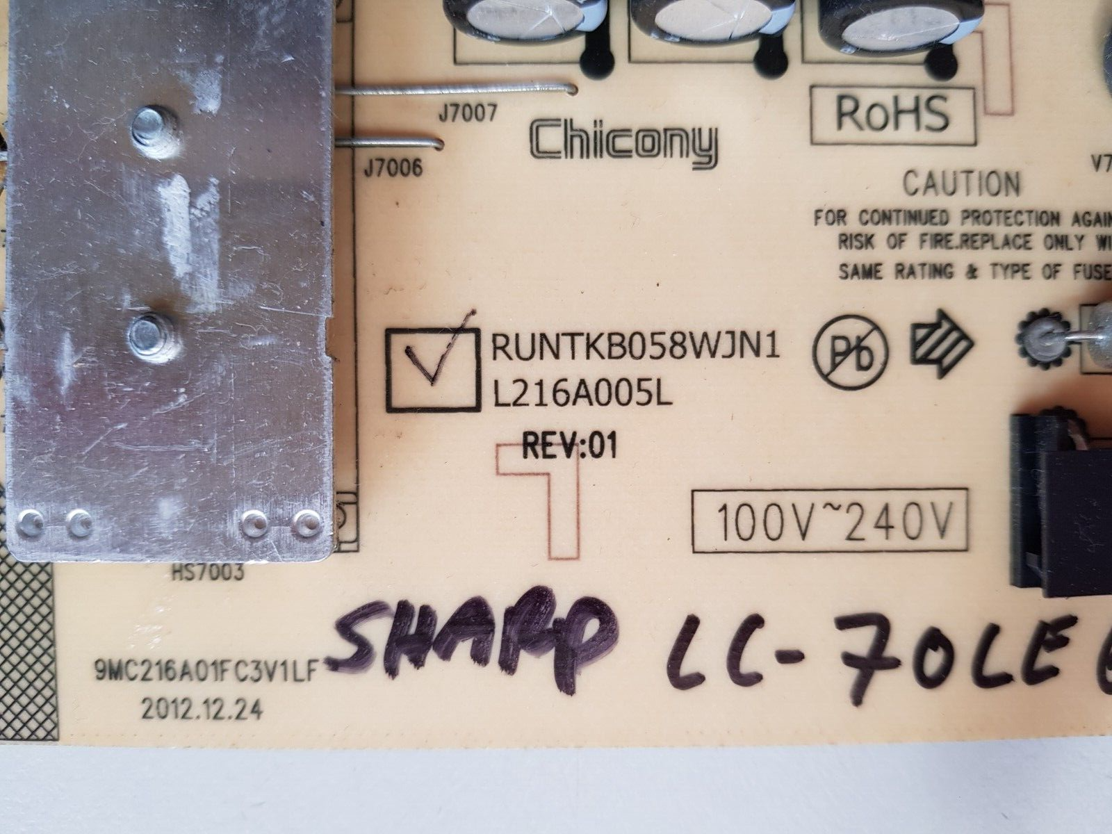 GENUINE SHARP LC70LE650X POWER SUPPLY BOARD RUNTKB058WJN1 L216A005L