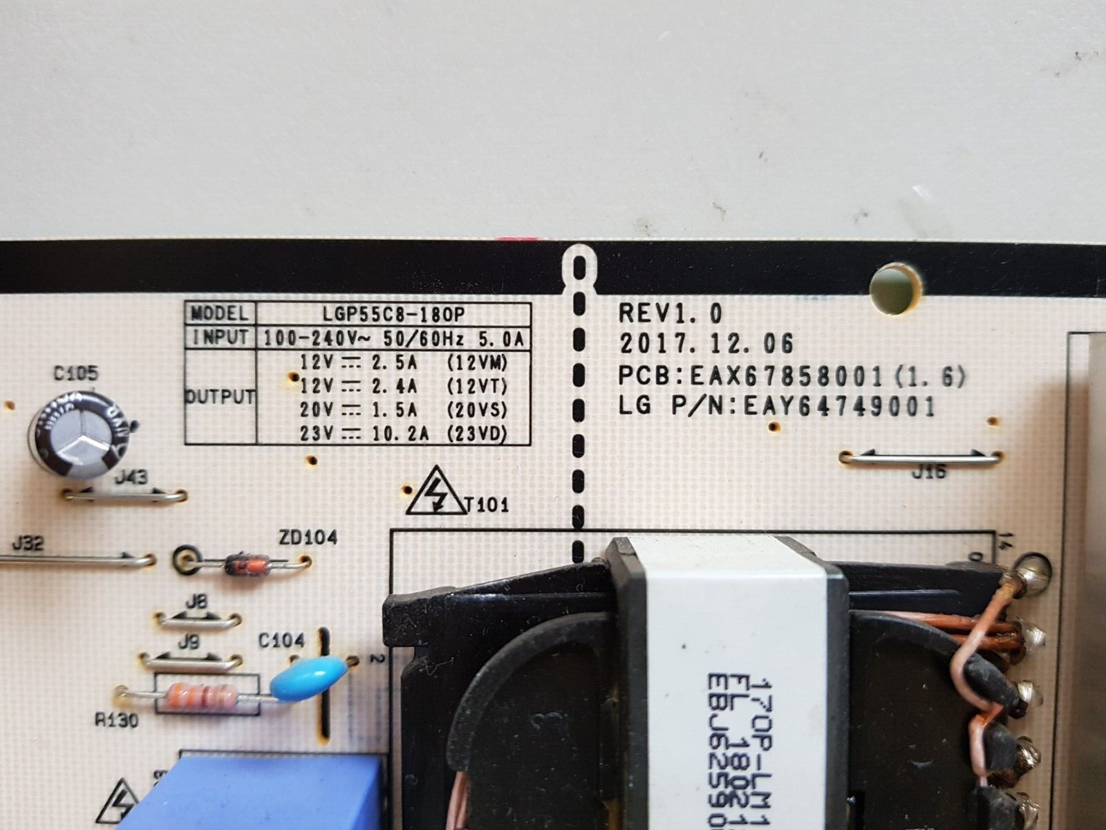 GENUINE LG OLED55B8T POWER SUPPLY BOARD EAY64749001 EAX67858001 REV 1.0