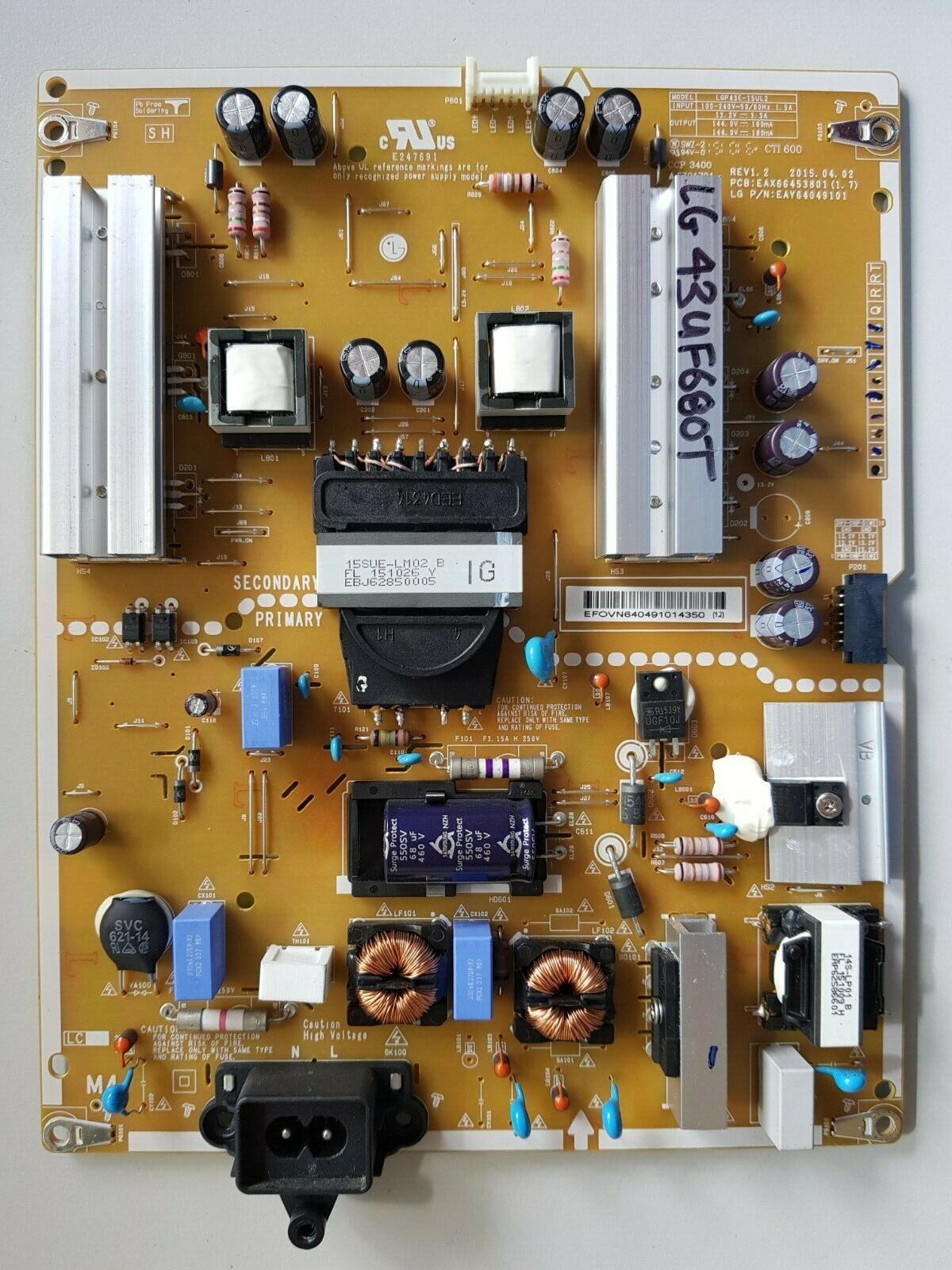 GENUINE LG 43UF680T POWER SUPPLY BOARD EAY64049101 EAX66453801 LGP43E-15UL2