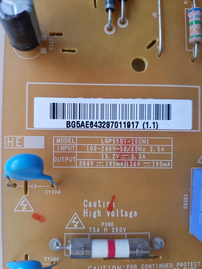 GENUINE LG 55LH5750 POWER SUPPLY BOARD EAY64328701 EAX66832401 1.3 LGP55B1-16CH1