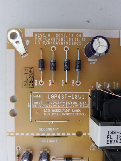 GENUINE LG 43UK6540 POWER SUPPLY BOARD EAY64928601 LGP43T-18U1 EAX67865101 1.6